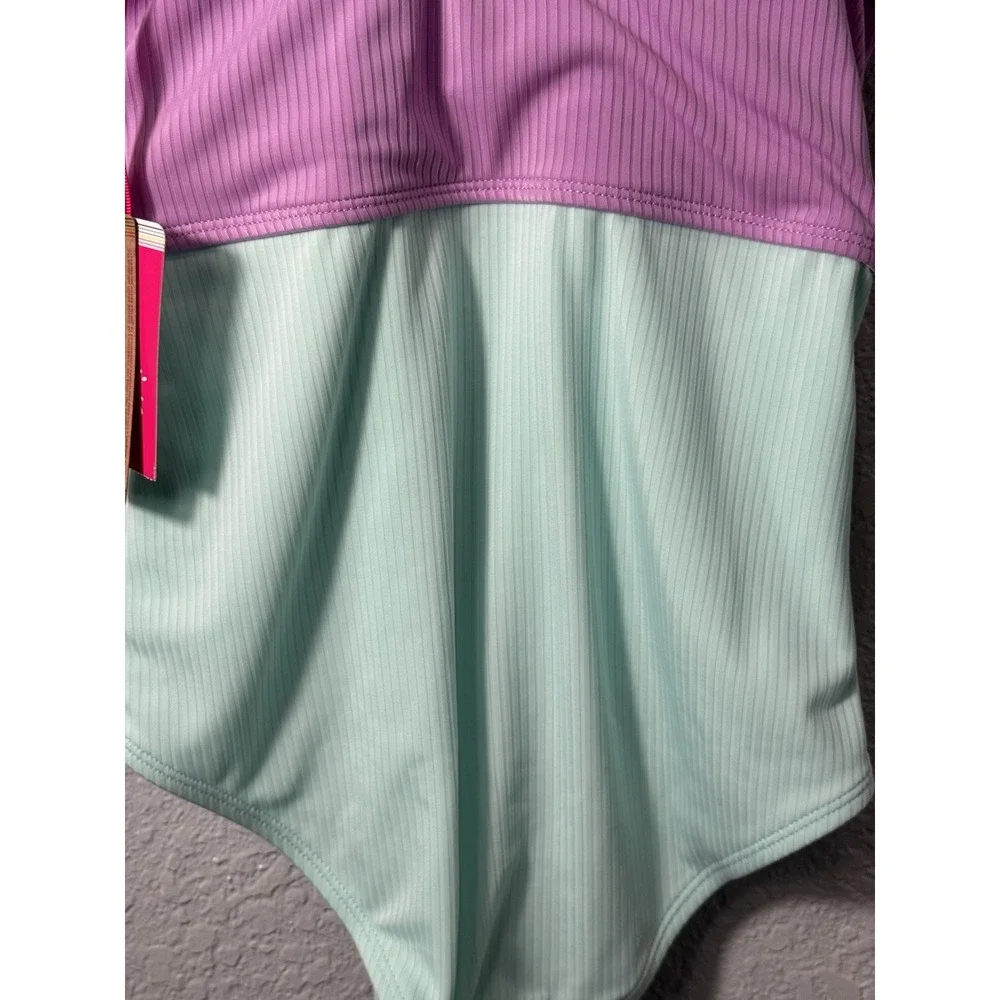 Justice Girls Size LG cutout color block One-Piece Swimsuit Ribbed Purple/Turqu